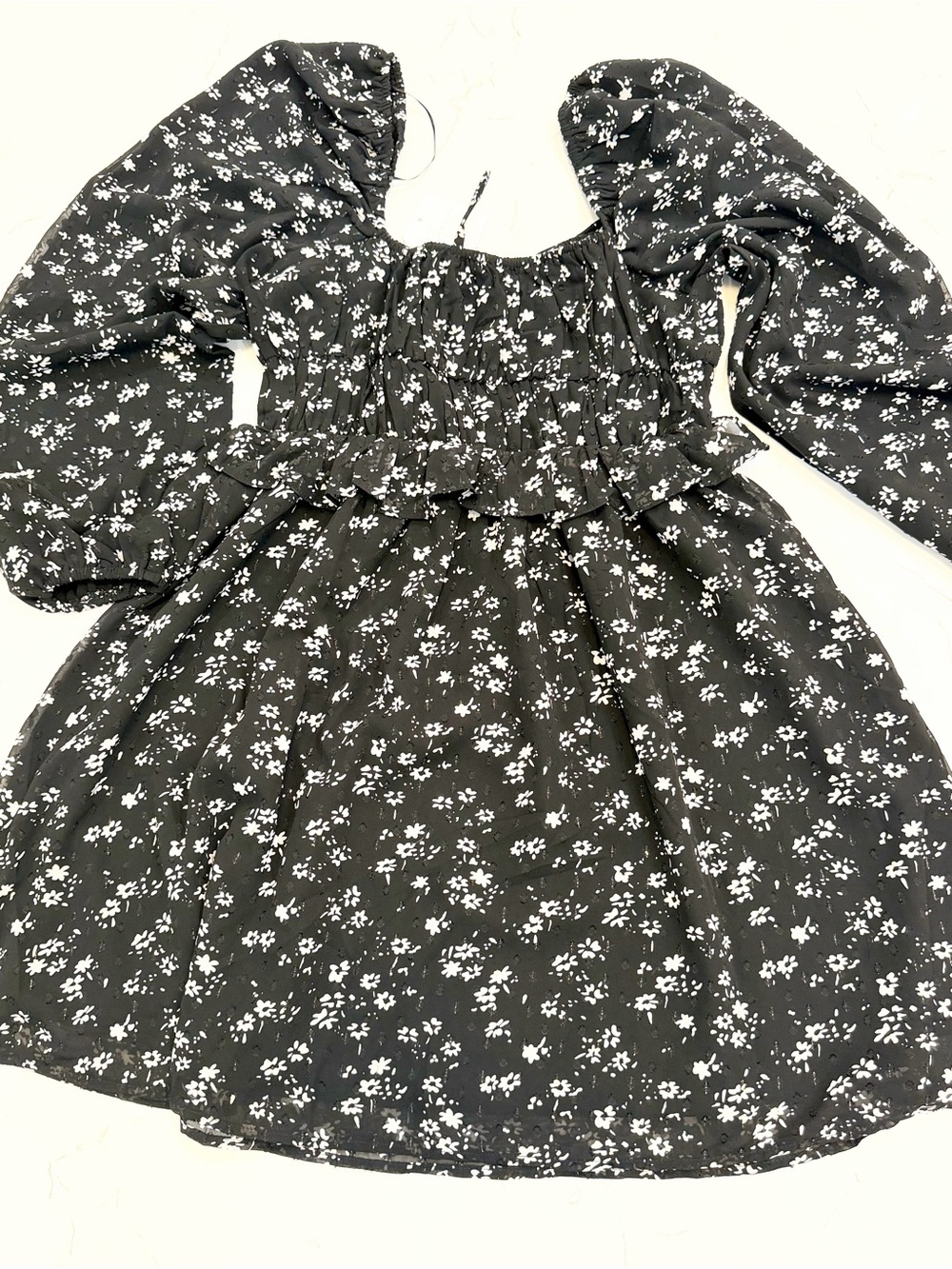 Altar’d State Black Floral Gold Speckle Puff Sleeve Mini Dress NWT